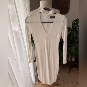 Choker V Neck Long Sleeve Bodycon Dress Cream Minimalist Stretch